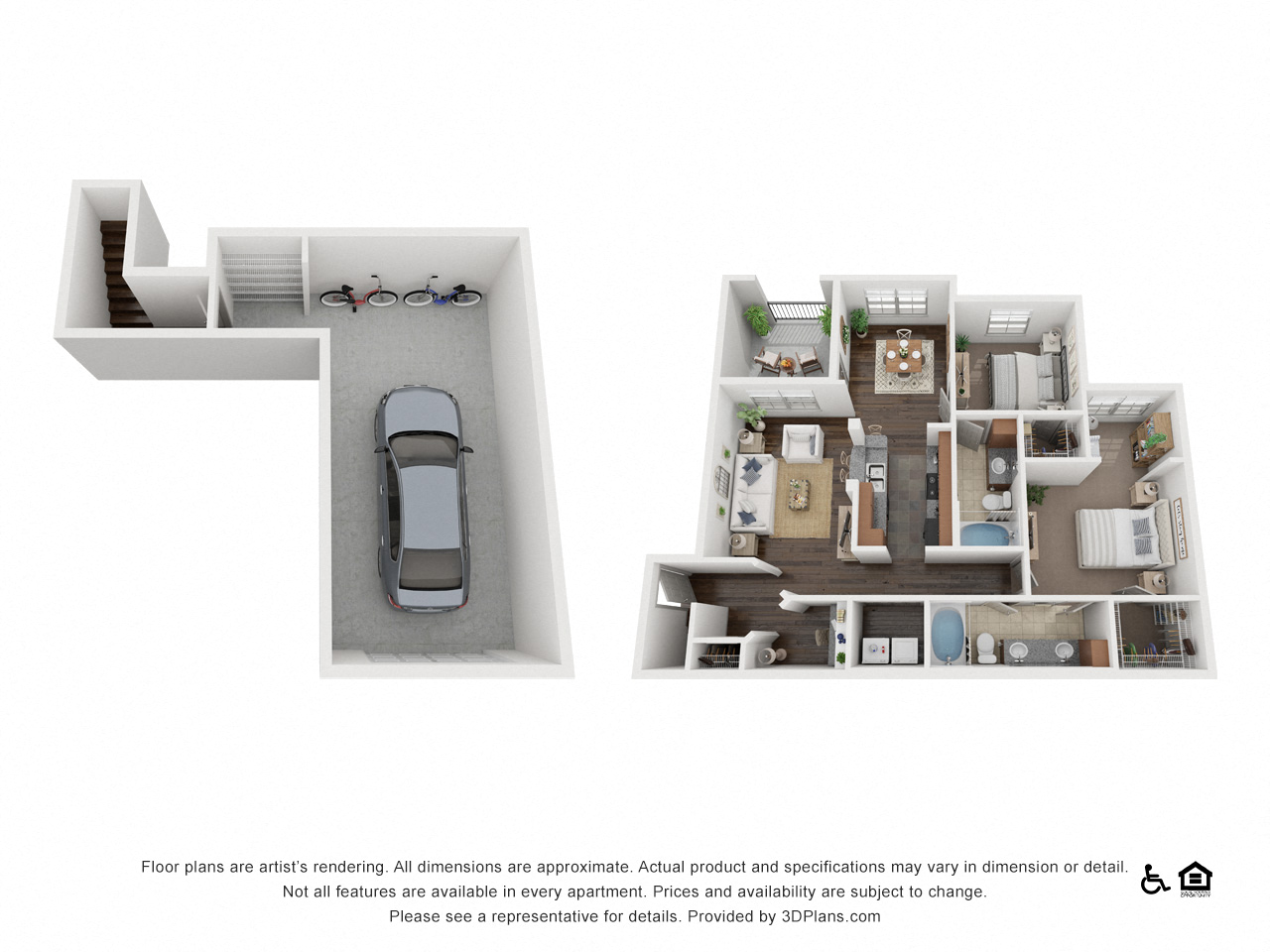 Floor plan for 2 beds, 2 baths, 1282 sqft